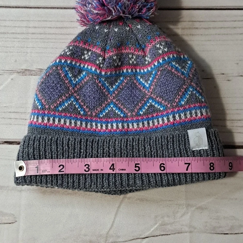 Rugged Bear Gray and Pink Kids Pom-Pom Beanie
